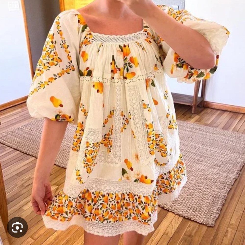 Farm Rio Cashew Floral Puff Sleeve Mini Dress